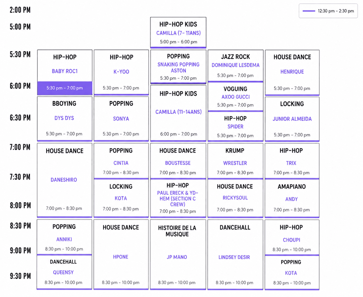 Live weekly timetable